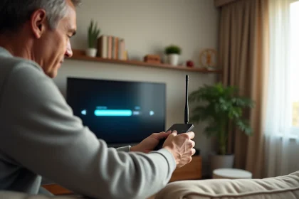 Homme installant une antenne TNT intérieure sur un téléviseur dans un salon moderne