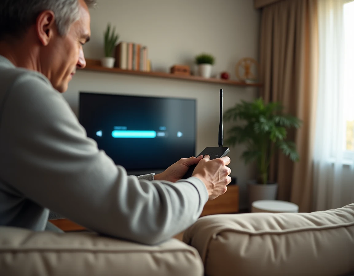 Homme installant une antenne TNT intérieure sur un téléviseur dans un salon moderne