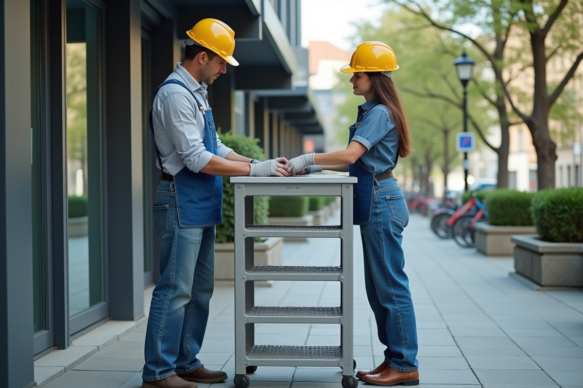 Deux ouvriers installant un escalier modulaire en extérieur