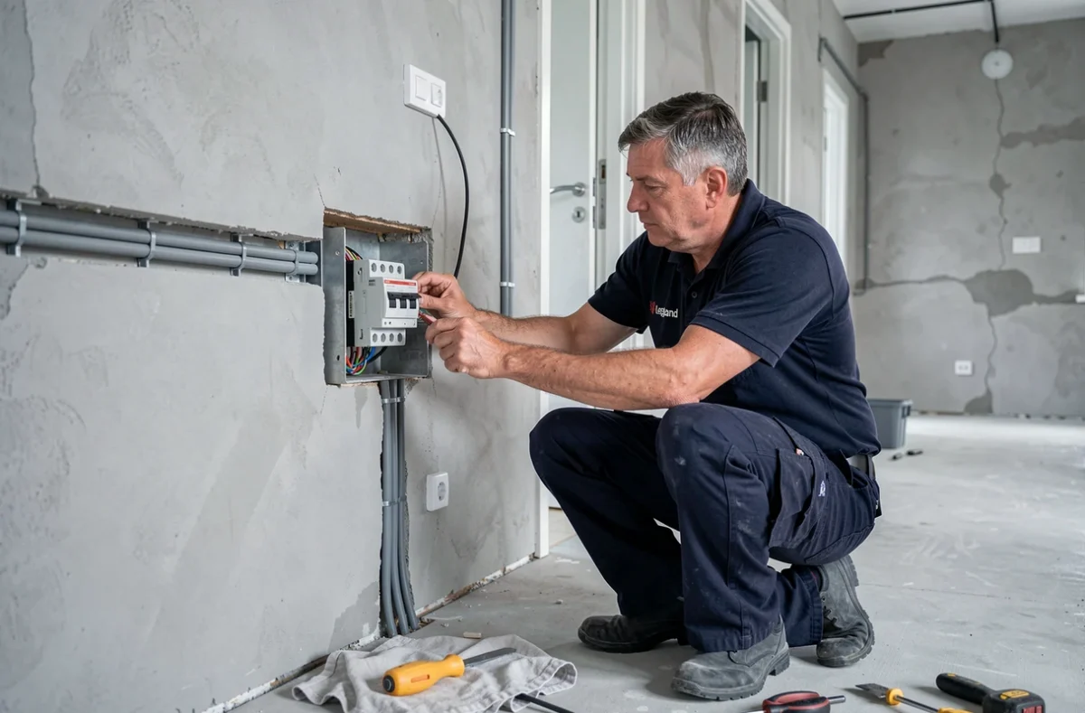 Électricien installant un interrupteur double va-et-vient Legrand connecté dans un couloir en rénovation pour maison intelligente