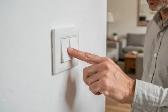Homme appuyant sur un interrupteur double va-et-vient Legrand encastré dans un mur blanc dans un salon moderne