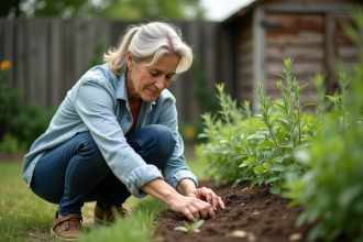 Femme plantant du romarin et de la menthe dans un jardin