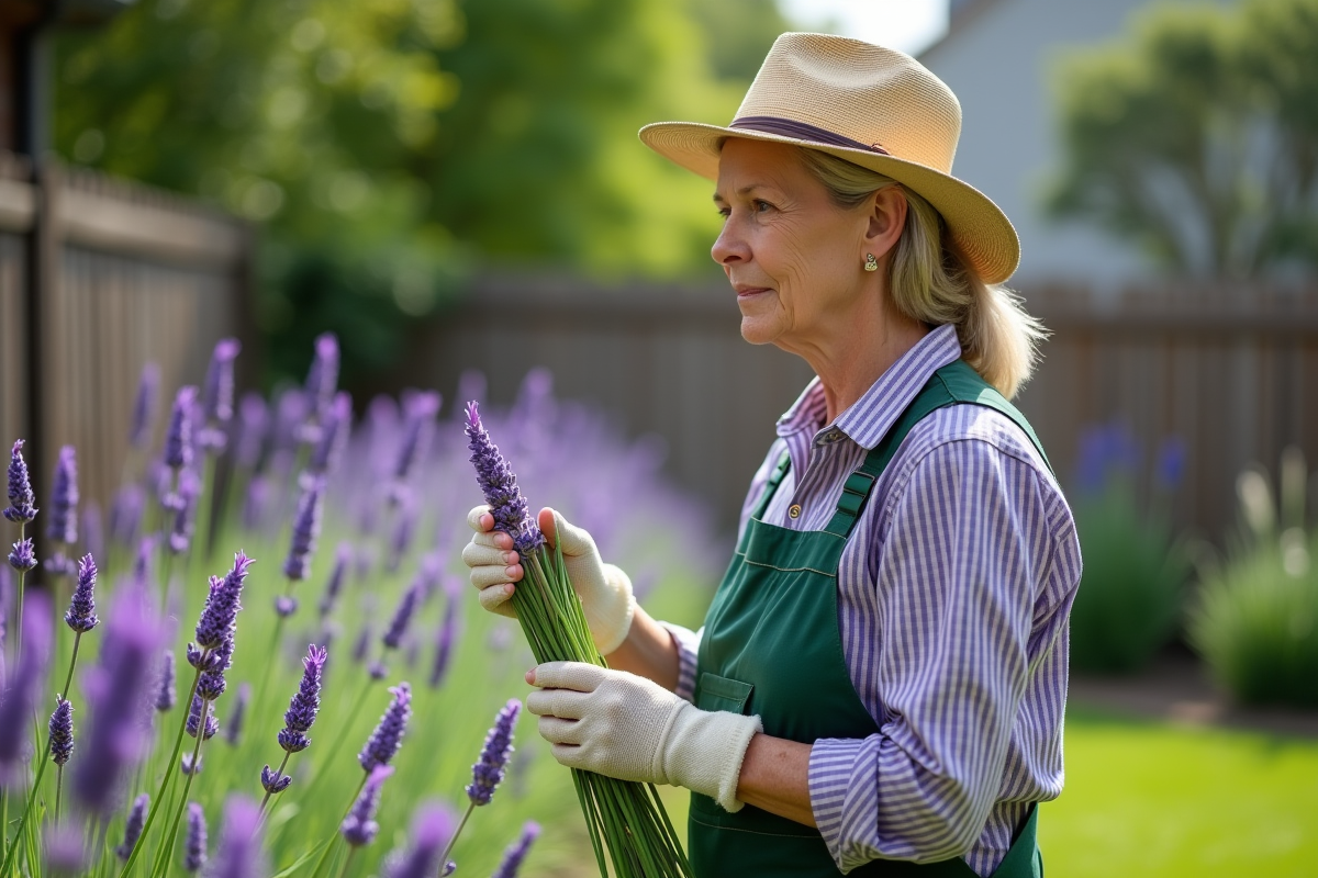 Femme en jardinage observant la lavande endommagée