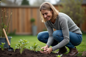 Femme en jeans plante des jeunes plants dans un jardin