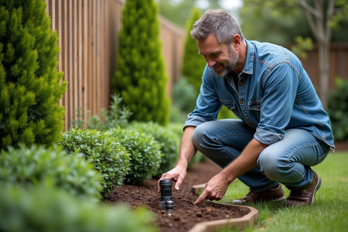 Homme en jardinage vérifiant l'humidite du sol avec un arrosage automatique