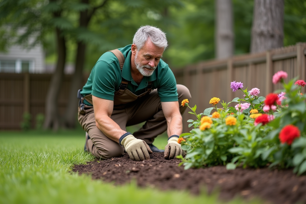 Homme paysagiste arrangeant des plantes dans un jardin