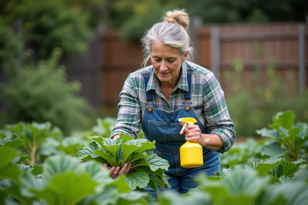 Femme jardiniere inspectant des feuilles vertes dans un jardin