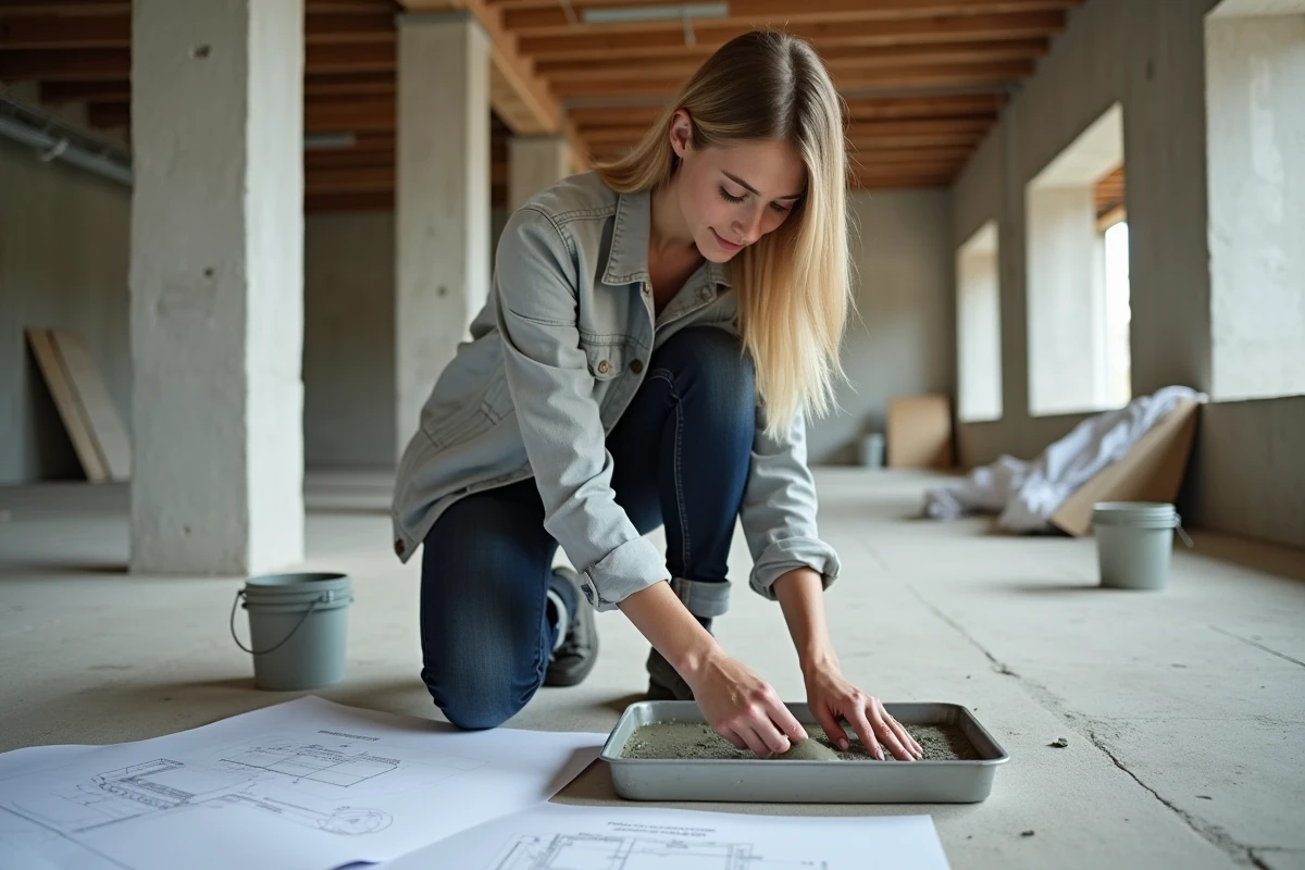 Jeune architecte inspectant un échantillon de ciment au sol