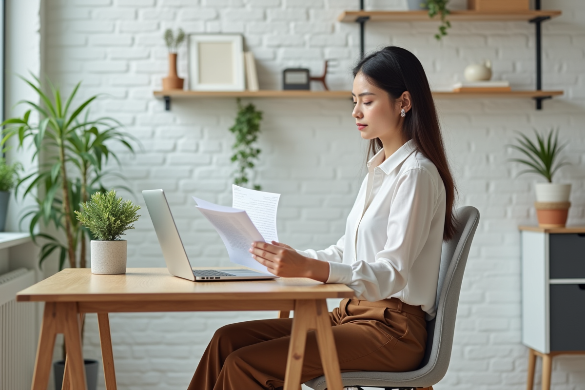 Jeune femme au bureau organisé et calme
