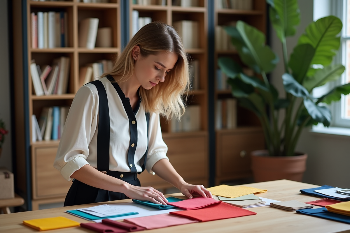 Jeune femme arrangeant des échantillons de tissus colorés