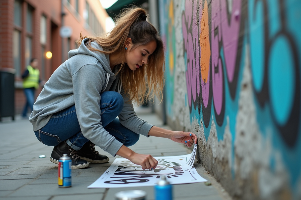 Jeune femme en streetwear réparant un pochoir sur un mur de graffiti en ville