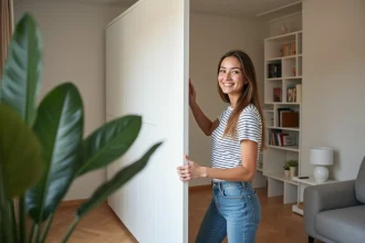Jeune femme posant une cloison amovible dans un salon cosy