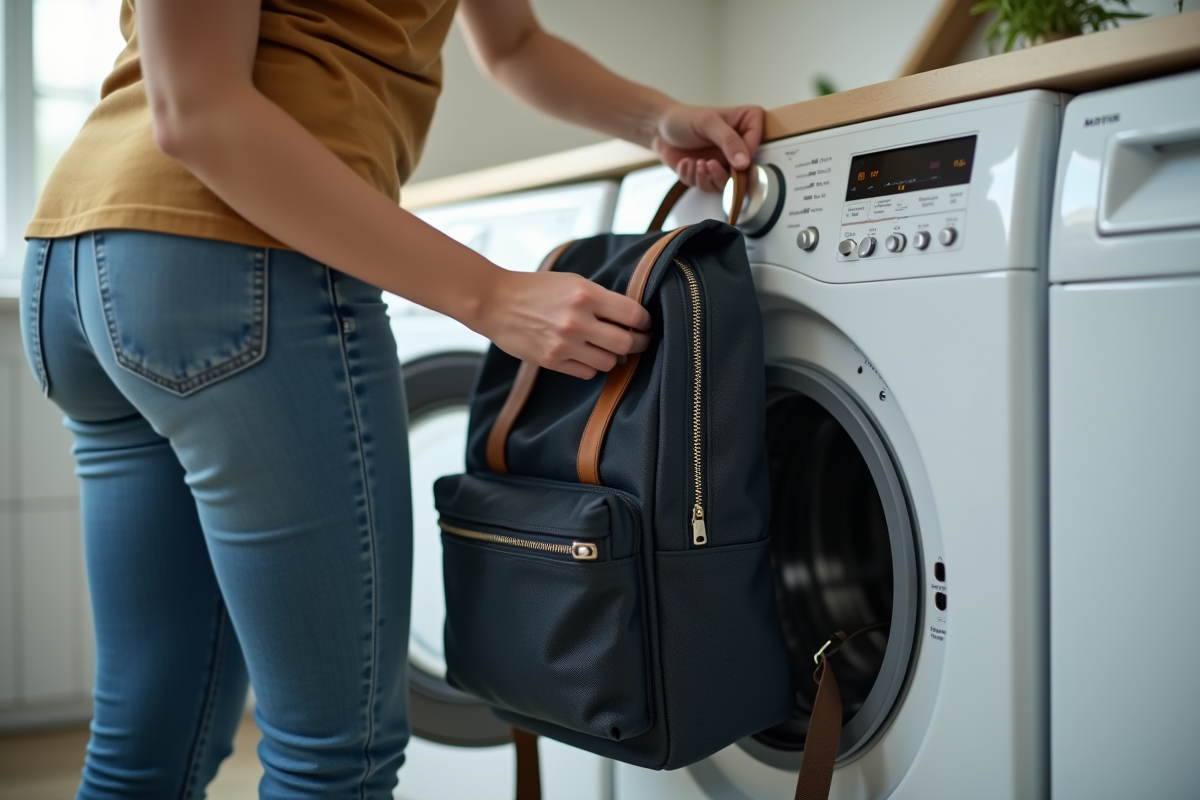 Jeune femme plaçant un sac en toile dans la machine à laver