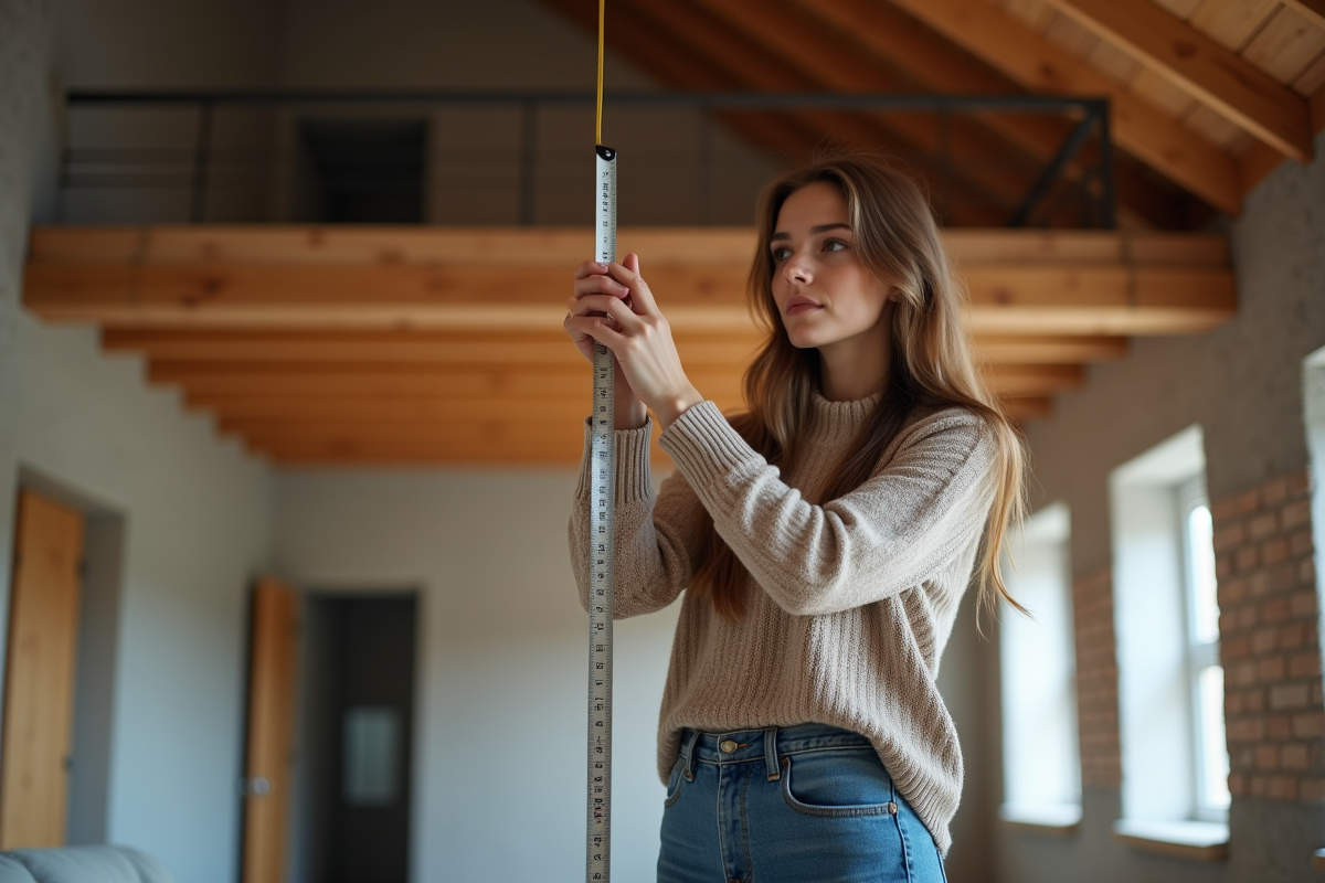 Jeune femme mesurant la hauteur sous plafond dans un appartement moderne