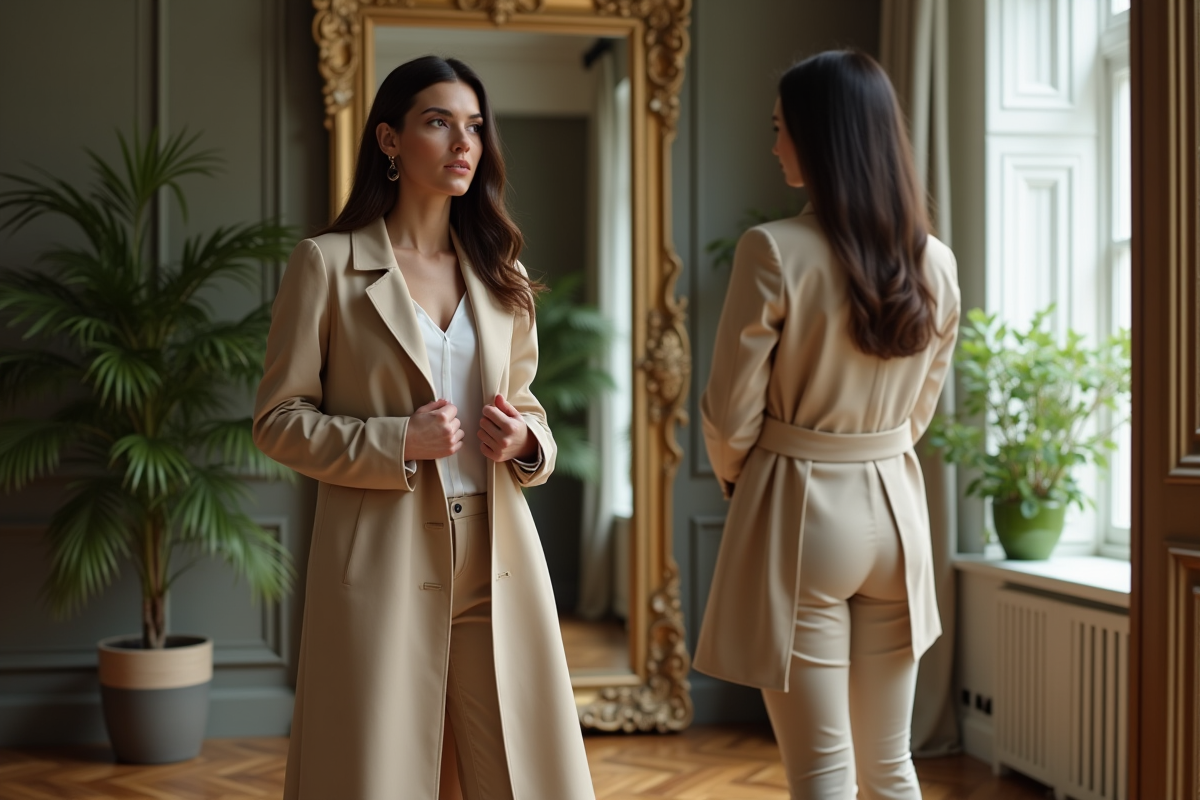 Jeune femme élégante en trench beige devant un miroir ancien