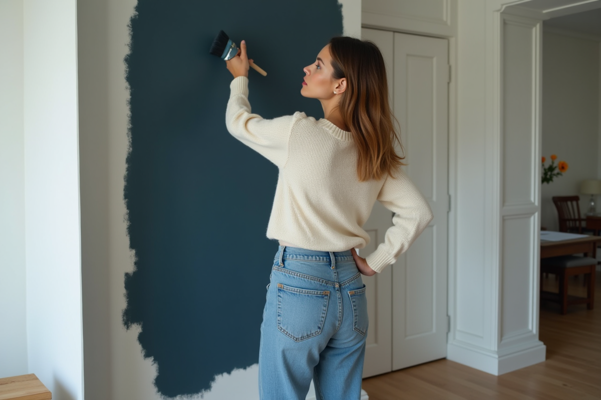 Jeune femme en jeans et pull peint un mur bleu fonce