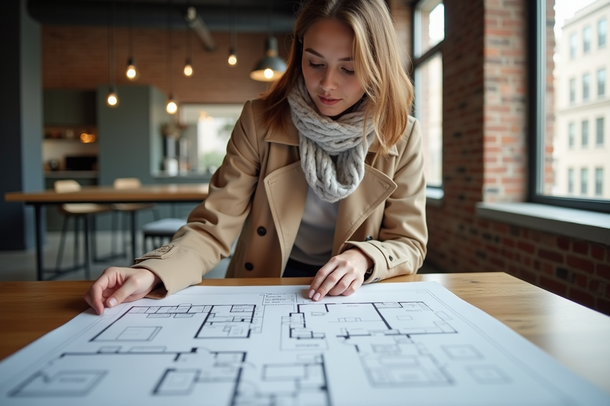 Jeune femme inspectant plans dans loft moderne
