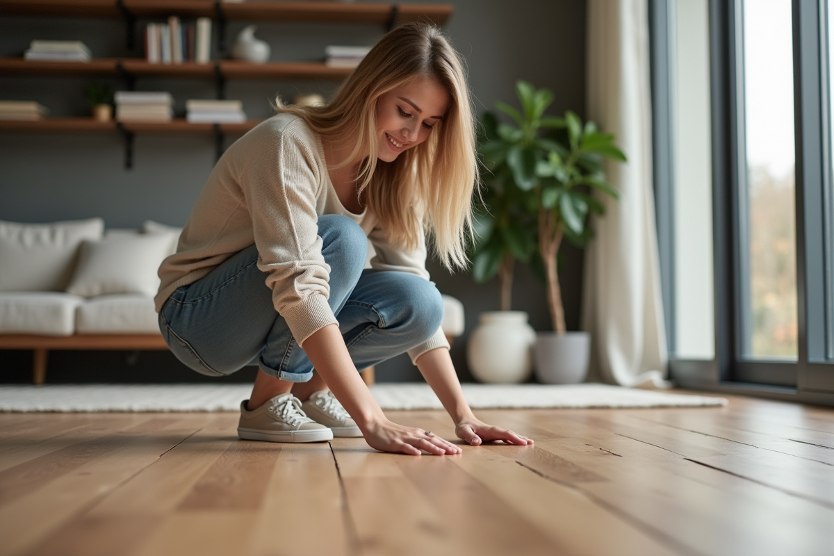 Jeune femme examine un sol en bois dans un salon moderne