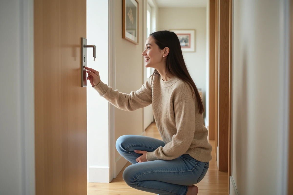Jeune femme en pull beige pointe le verrou d