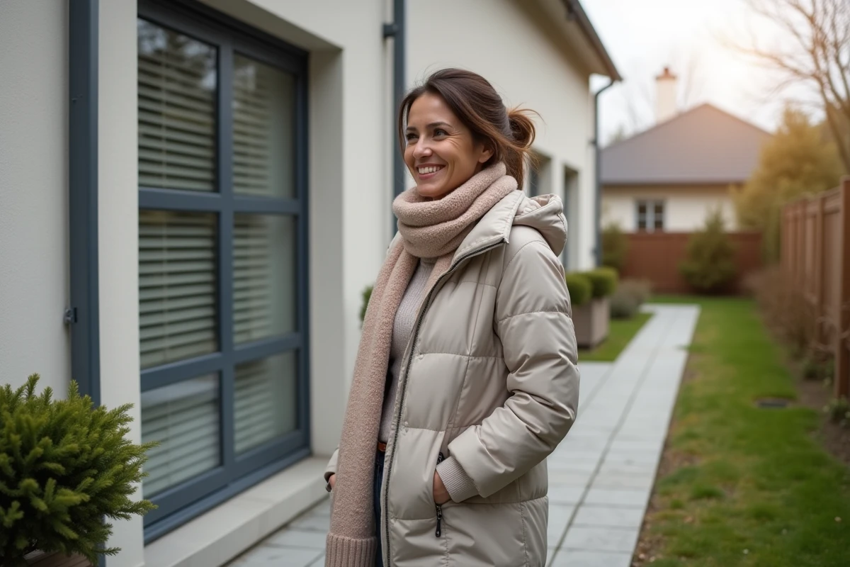 Jeune femme admire les volets isolants et la pompe à chaleur extérieure