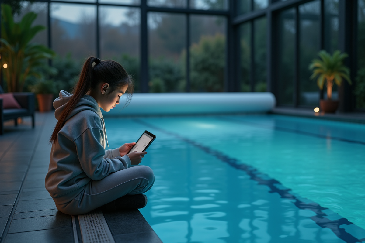 Jeune fille surveille la couverture de la piscine intérieure