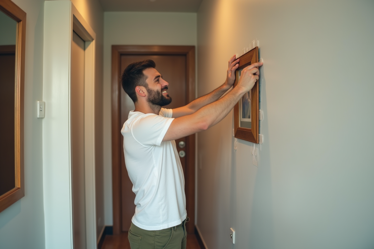 Jeune homme fixant un cadre avec des bandes adhésives dans un couloir