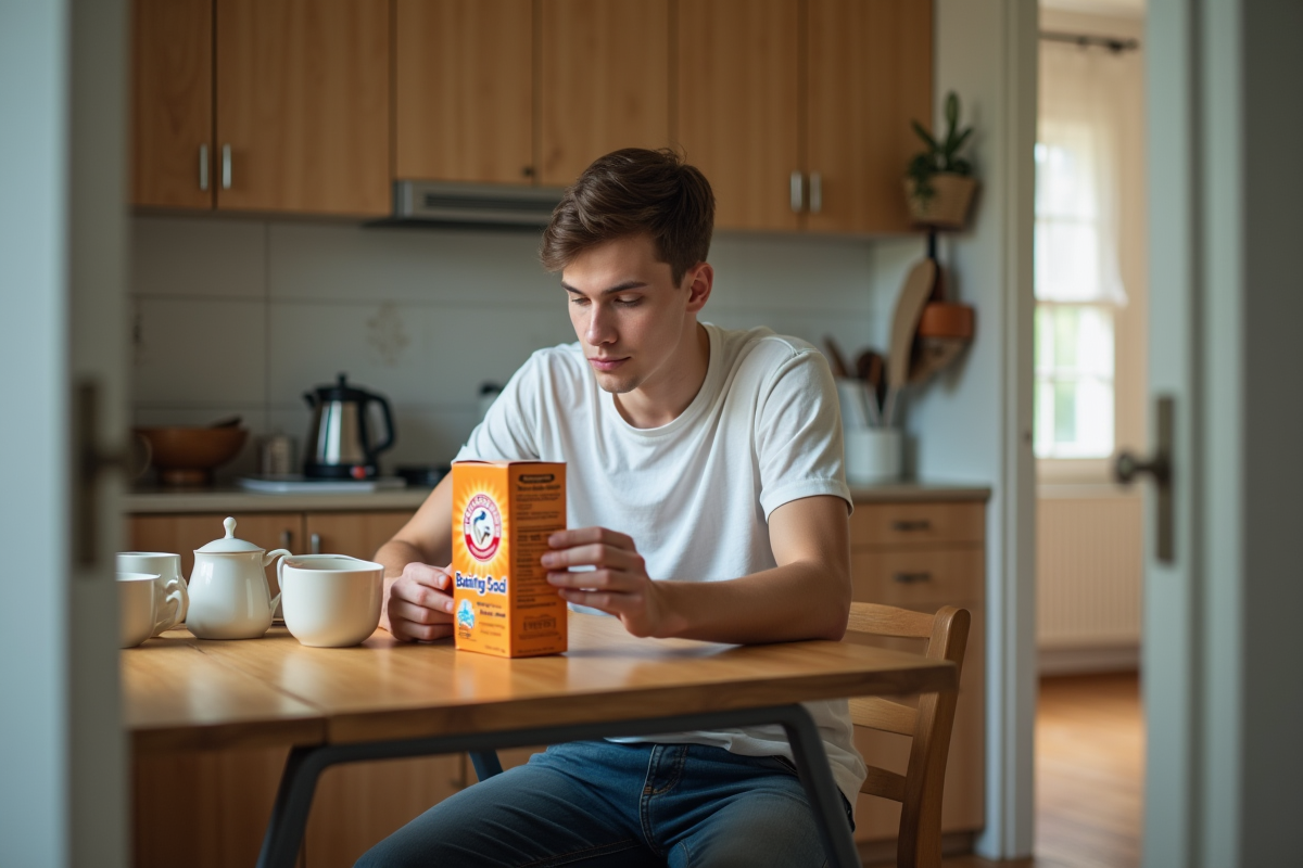 Jeune homme posant du bicarbonate dans la cuisine