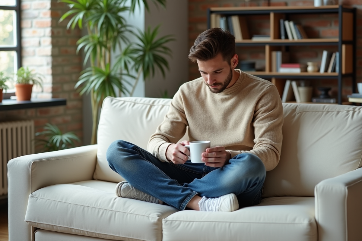 Jeune homme inspectant un canapé en loft urbain