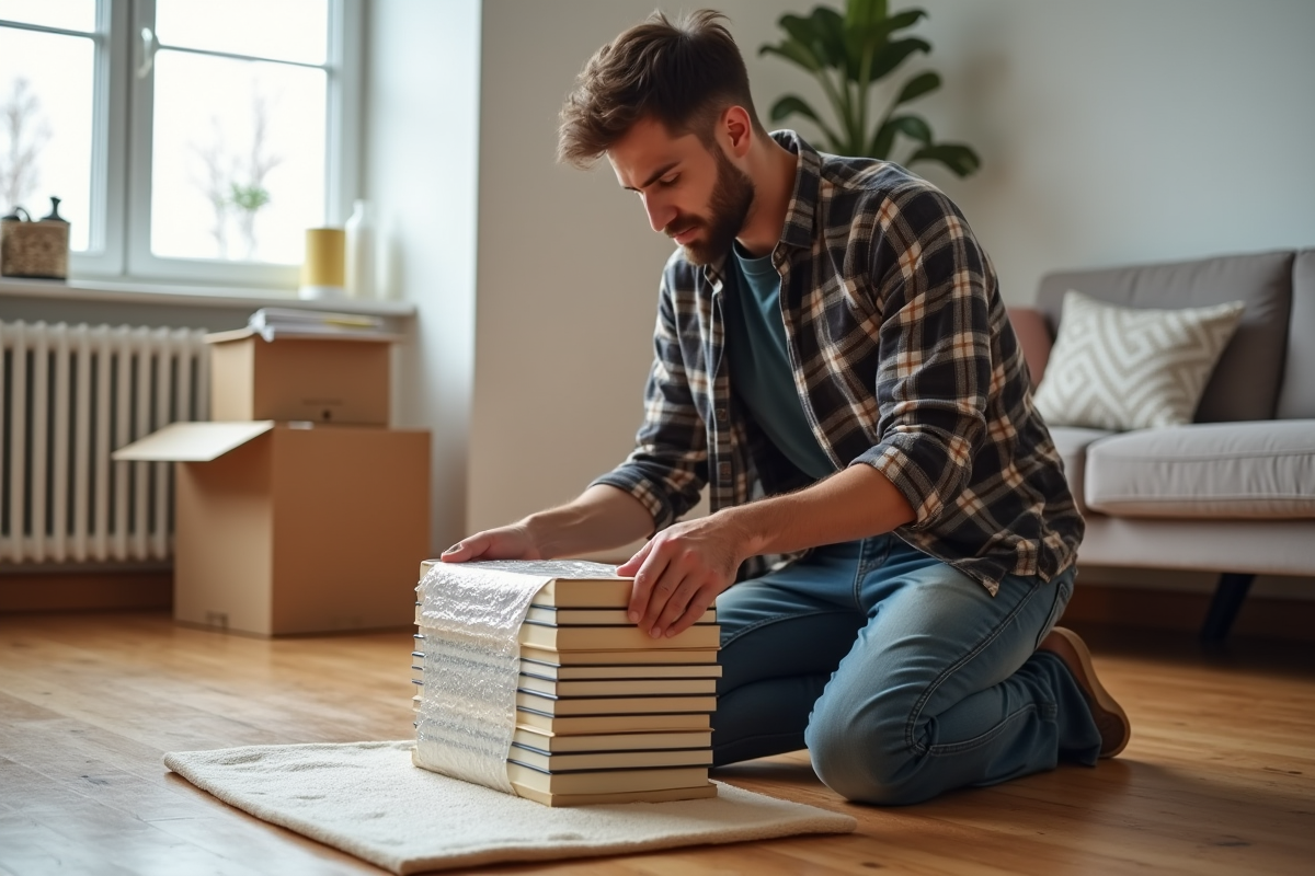 Jeune homme emballant des livres dans un salon moderne