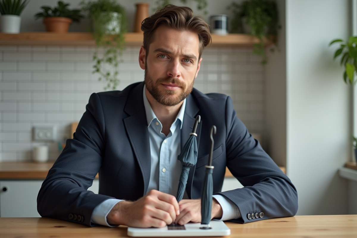Jeune homme examine deux parapluies sur une balance dans la cuisine