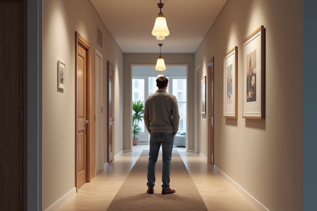 Jeune homme examinant des luminaires dans un couloir moderne