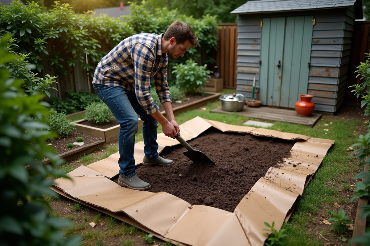 Jeune homme préparant un lit de jardinage avec du carton