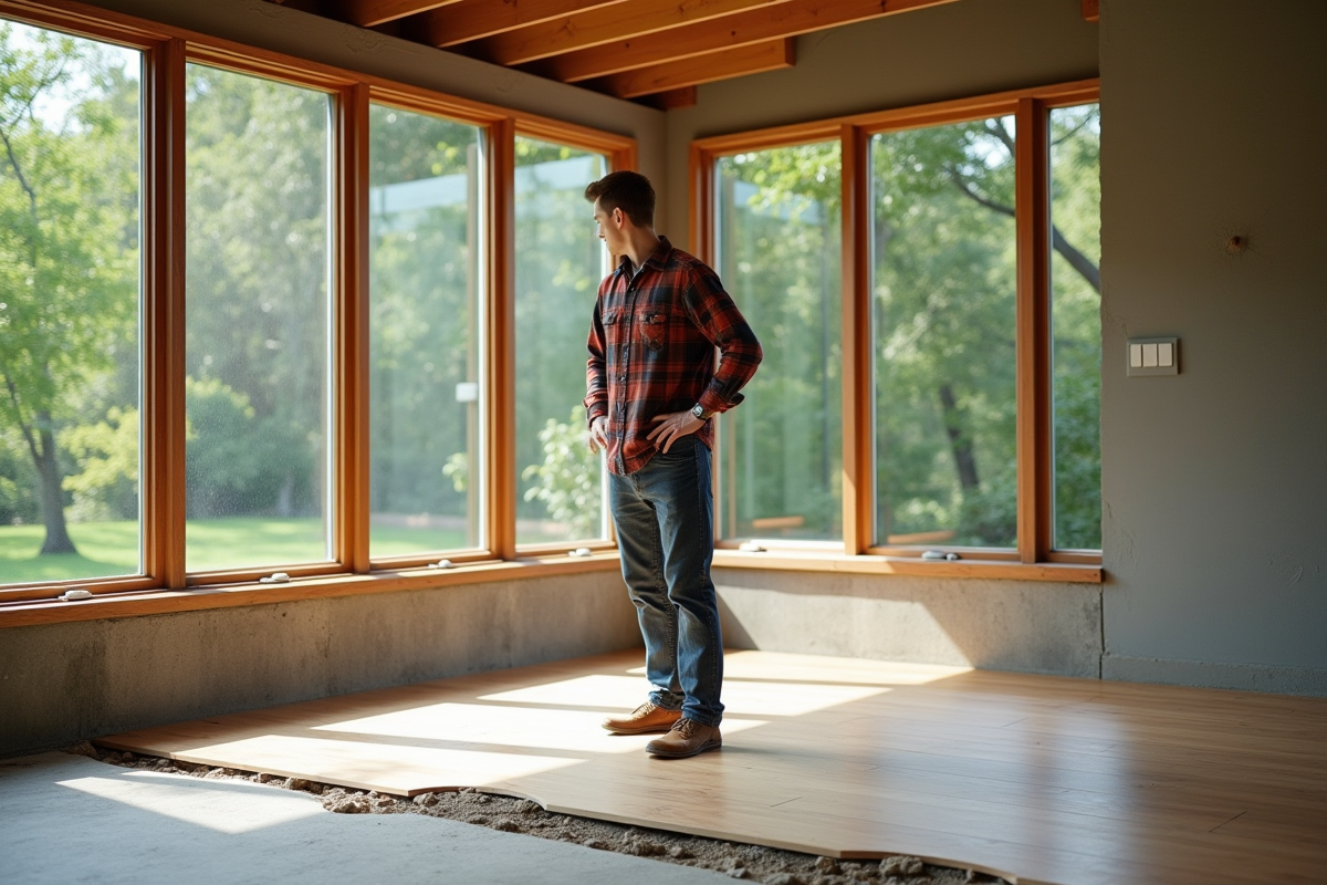 Jeune homme dans une véranda regarde un sol stratifié