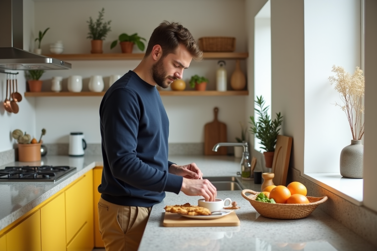 Jeune homme préparant un petit déjeuner dans une cuisine chaleureuse