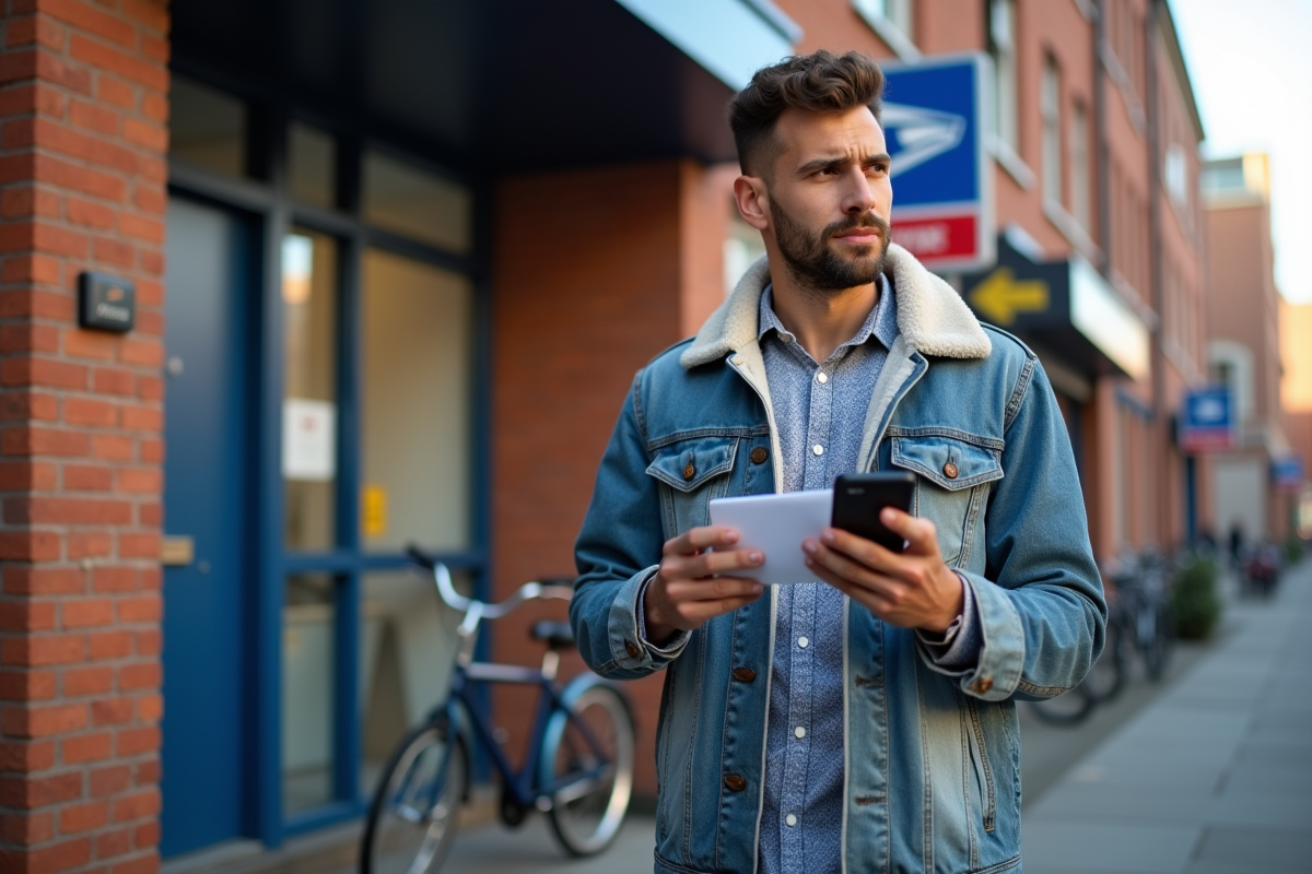 Jeune homme devant le bureau de poste en ville avec une enveloppe