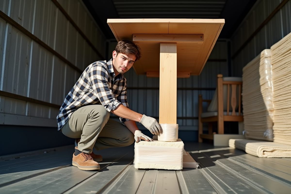 Jeune homme protégeant une jambe de table dans un camion de déménagement