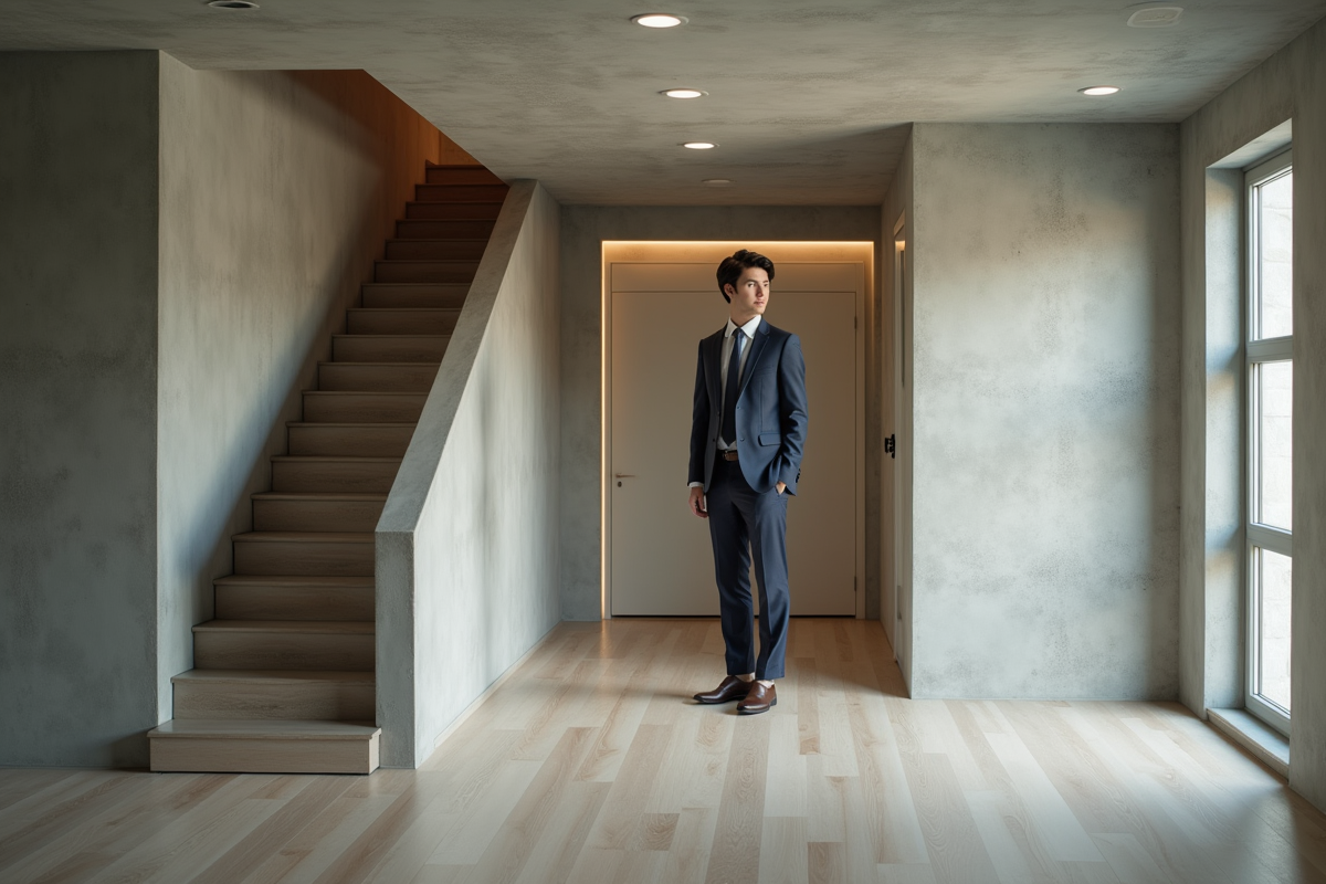 Jeune homme en costume évaluant un studio en sous-sol rénové
