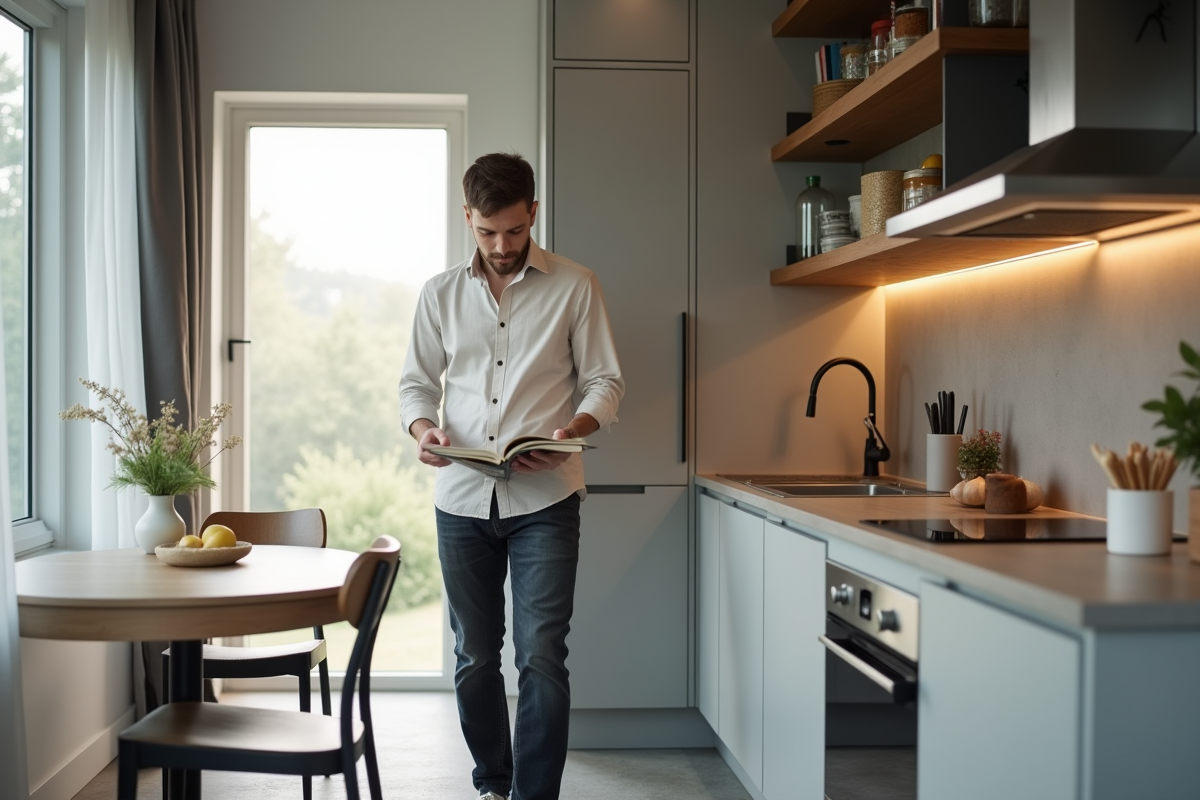 Jeune homme regardant un livre de recettes dans une cuisine lumineuse