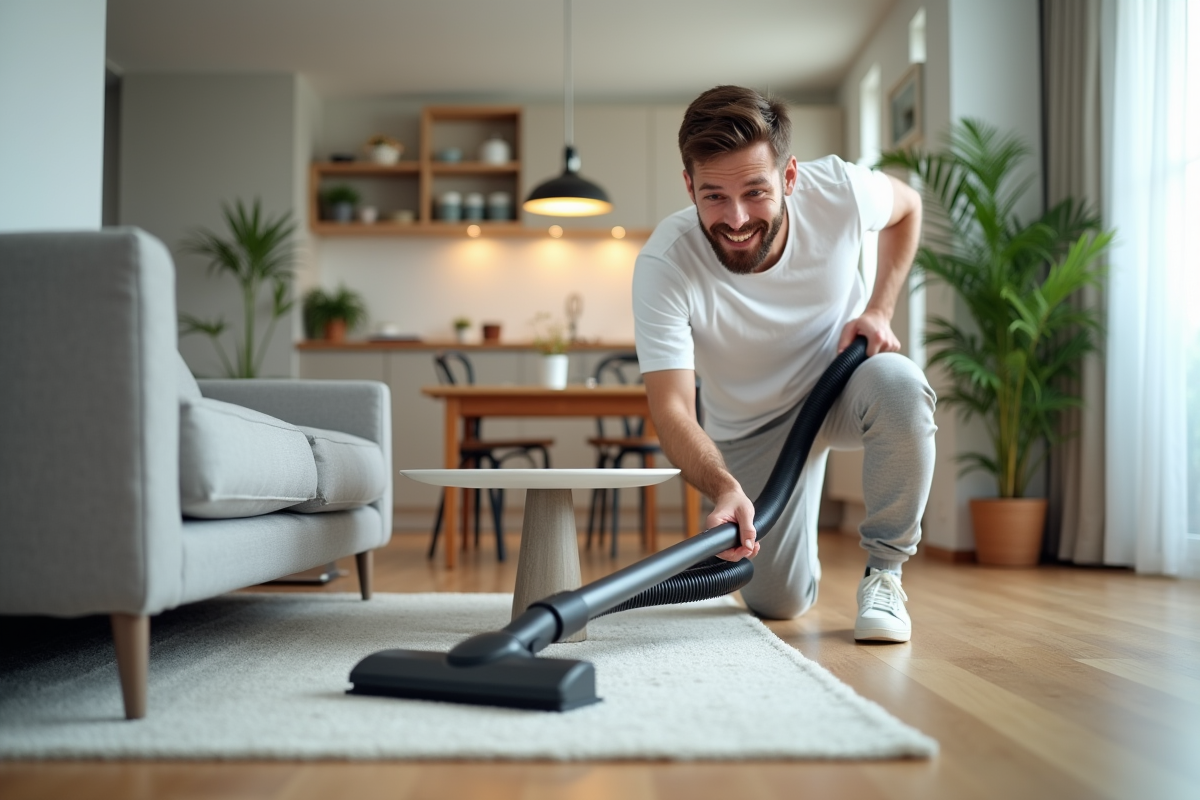 Jeune homme aspirant sous une table dans un appartement moderne