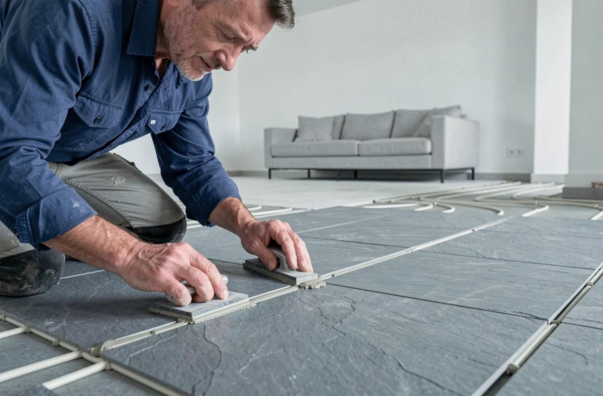 Artisan de JL Carrelage appliquant un joint époxy entre des carreaux en ardoise grand format dans un salon moderne français