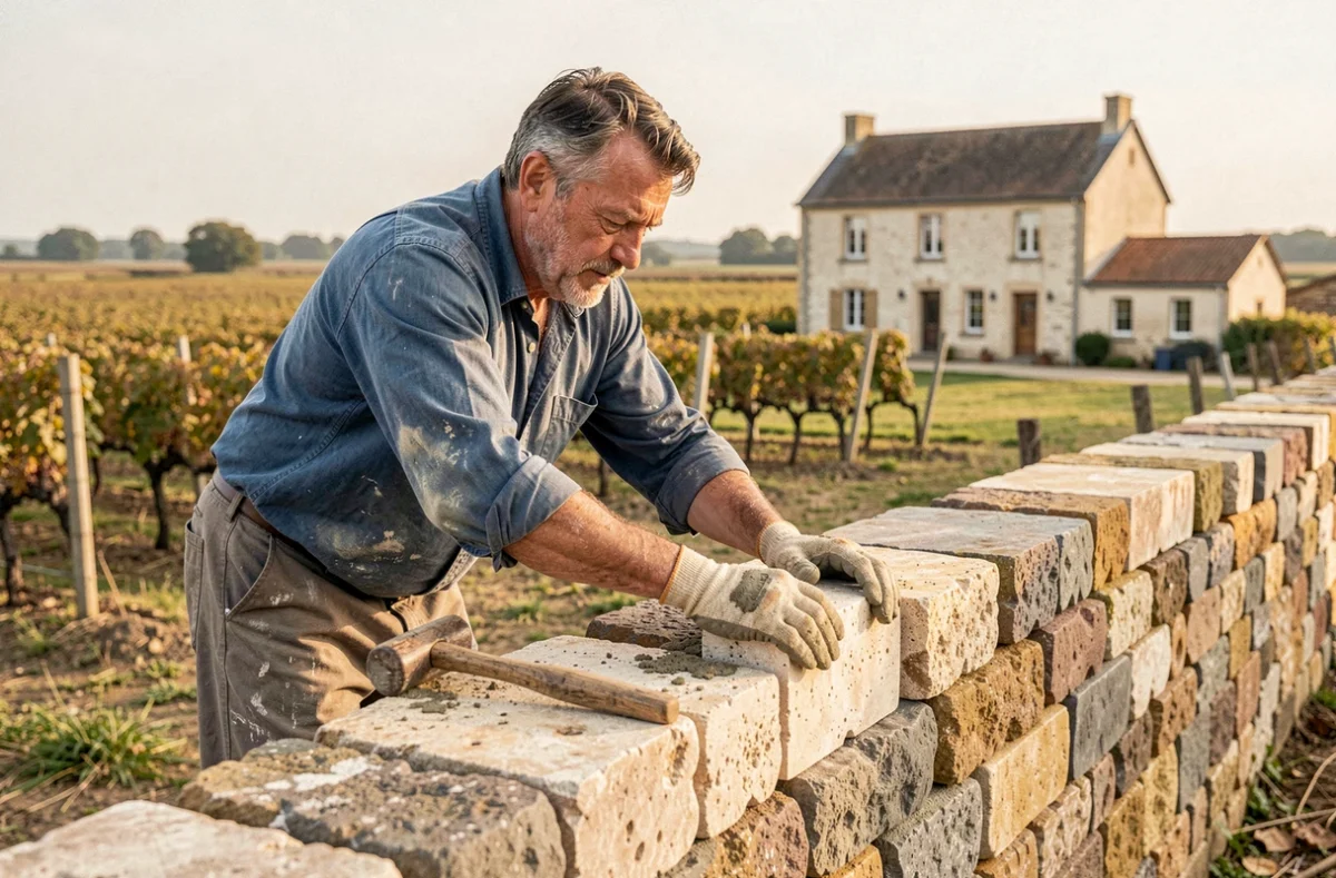 Maçon Joao Marta posant des blocs de pierre en milieu rural dans le nord Gironde