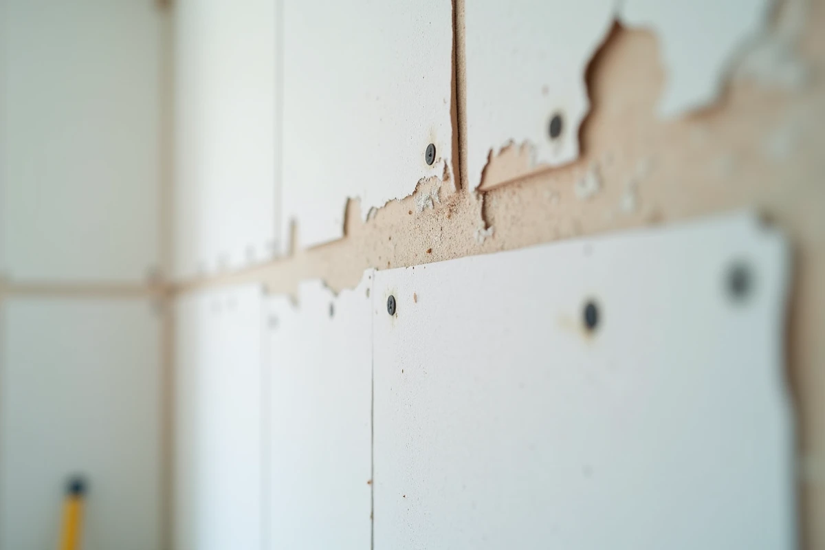 Gros plan sur un joint mal réalisé entre deux plaques de plâtre avec fissures et vis mal positionnées