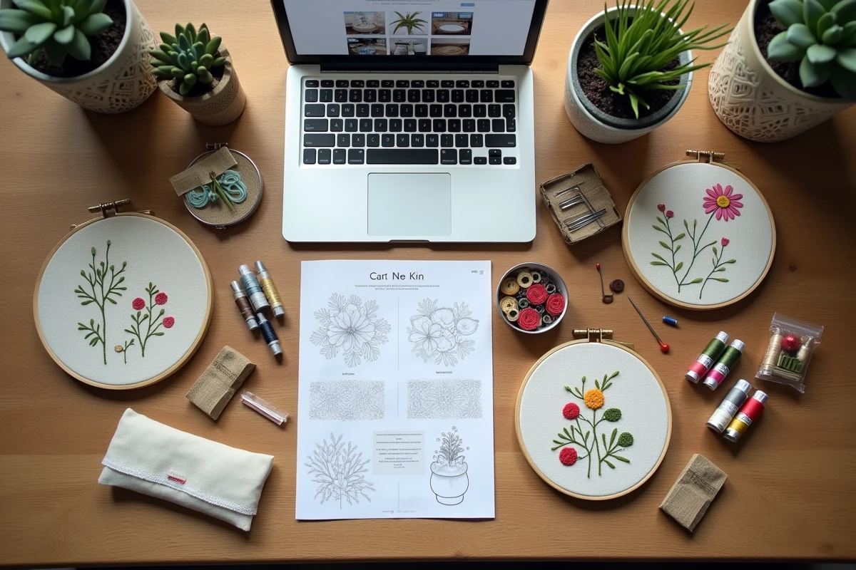 Vue de dessus d'un kit de broderie débutant déballé avec fils, cerceau et patron sur bureau en bois