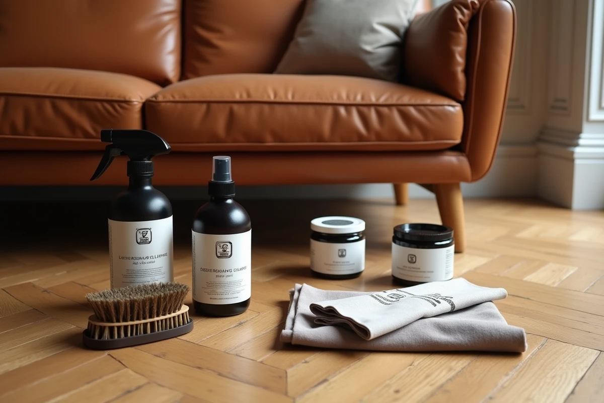 Kit complet d'entretien pour canapé en cuir disposé sur parquet en arête de poisson, incluant nettoyant, brosse et chiffons