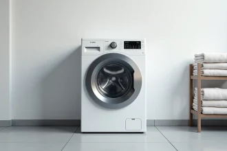 Lave-linge Whirlpool 6th Sense 9kg en gros plan dans une buanderie moderne avec panneau de commande visible