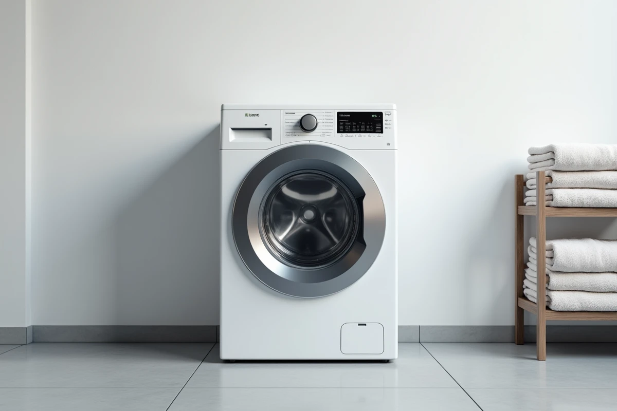 Lave-linge Whirlpool 6th Sense 9kg en gros plan dans une buanderie moderne avec panneau de commande visible