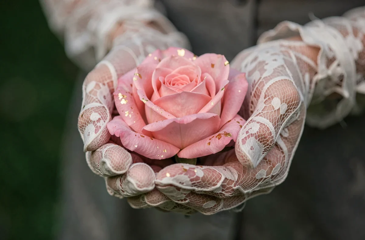 Mains gantées de dentelle tenant délicatement une rose rose lumineuse aux pétales nacrés dans une ambiance féerique