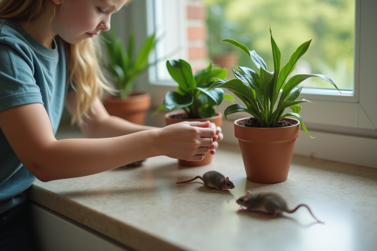 Jeune placant des pièges sur des plantes en cuisine