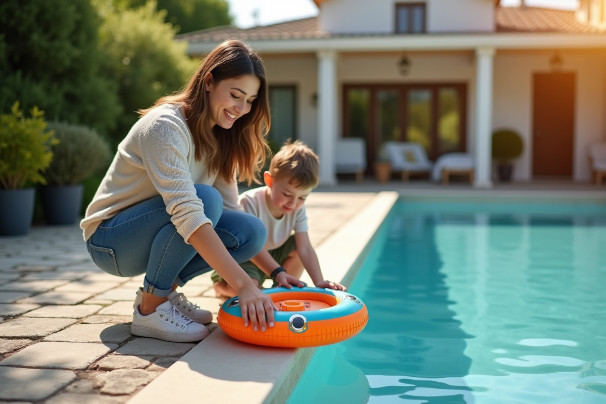 Maman souriante posant une alarme flottante sur la piscine avec enfant curieux