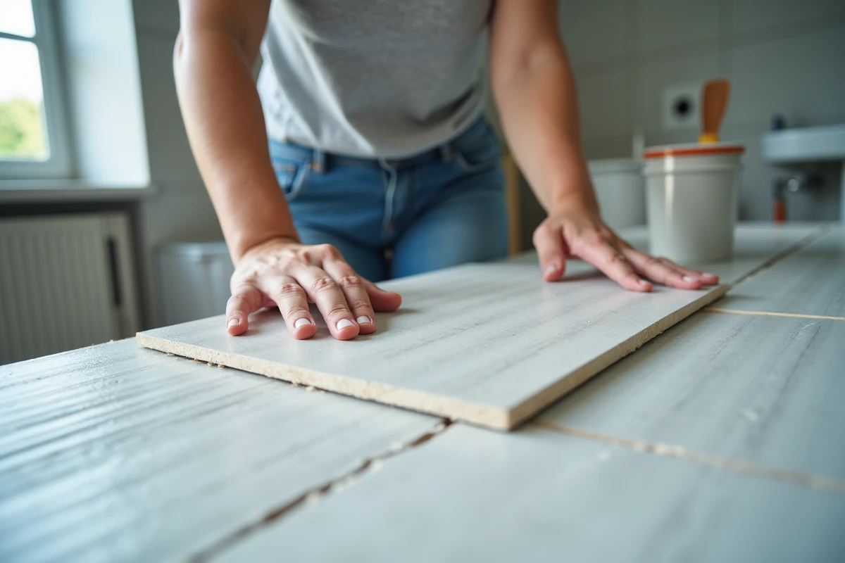 Femme posant un carreau en appuyant sur une couche de map enduit utilisé comme colle dans une salle de bain en rénovation